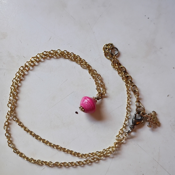 Handmade Jewelry - Handmade Gold Necklace with Pink Bead Accent